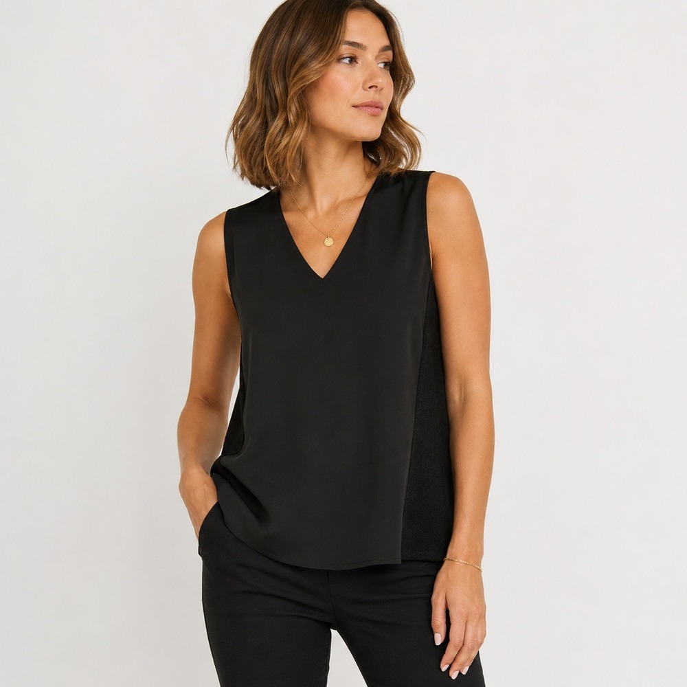 Vince Camuto Black Sleeveless V-Neck Mixed Media A-Line Top Small
